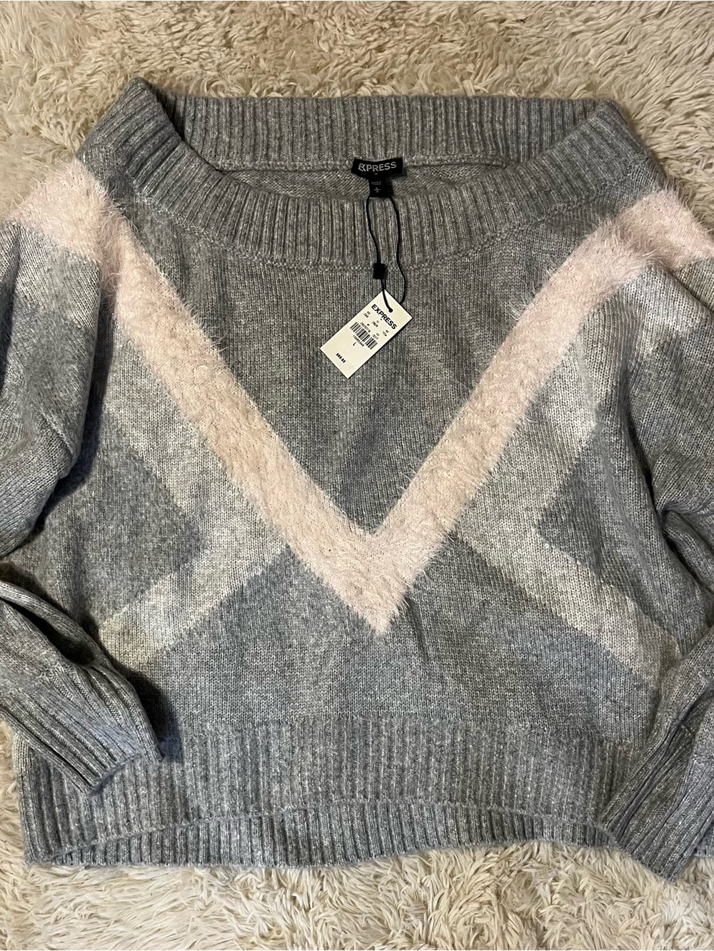 Express Gray Crewneck Sweater with Pale Pink Chevron